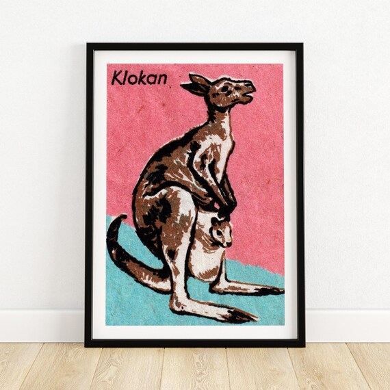 Klokan Kangaroo Joey Pink Vintage Czech Matchbox Animal Art Poster