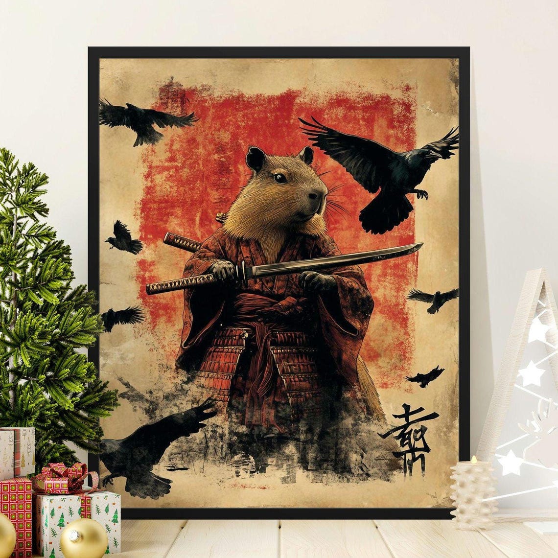Samurai Capybara Warrior With Katana Japanese Ink Fantasy Art Poster
