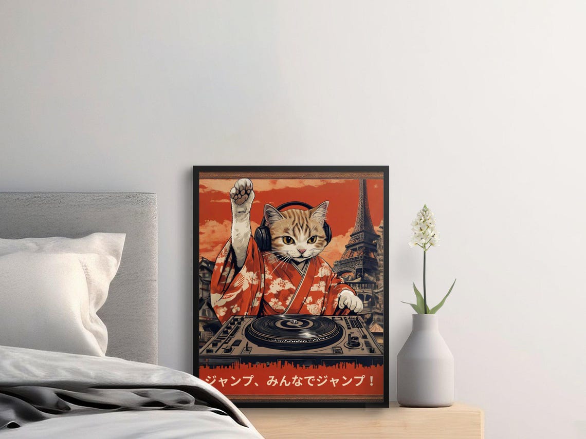 Cool Cat DJ Headphones Kimono Eiffel Tower Japanese Retro Art Poster - Image 2