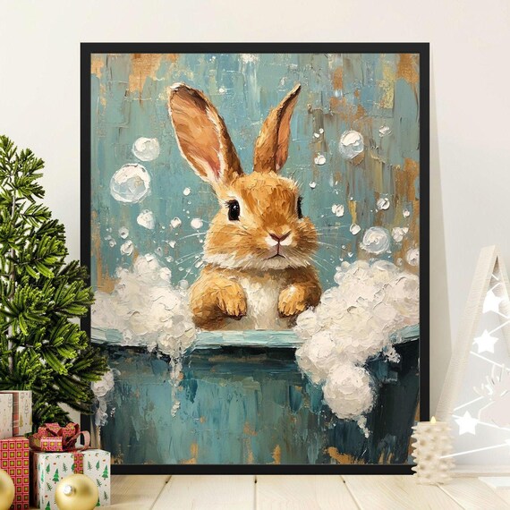 Cute Bunny In Bubble Bath Adorable Rabbit Painting Nursery Poster