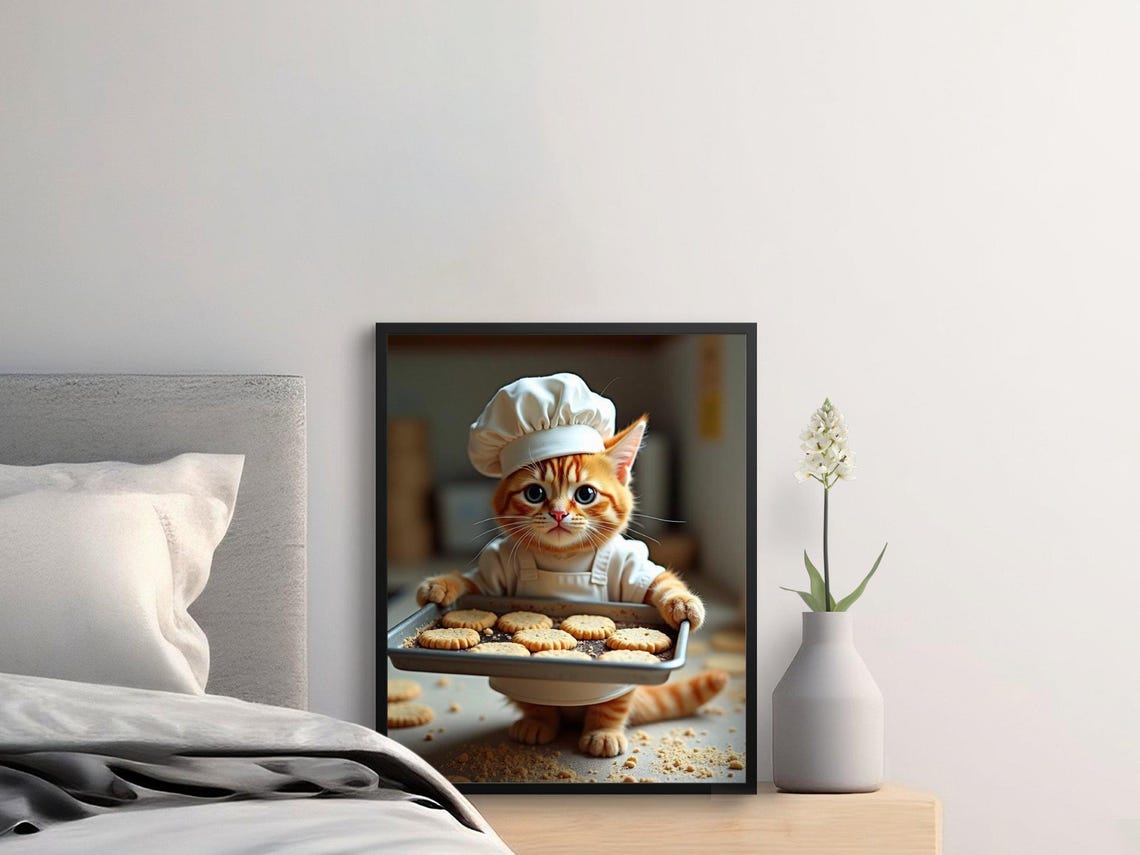 Adorable Chef Kitten Holding Cookies Funny Cat Kitchen Art Poster - Image 2