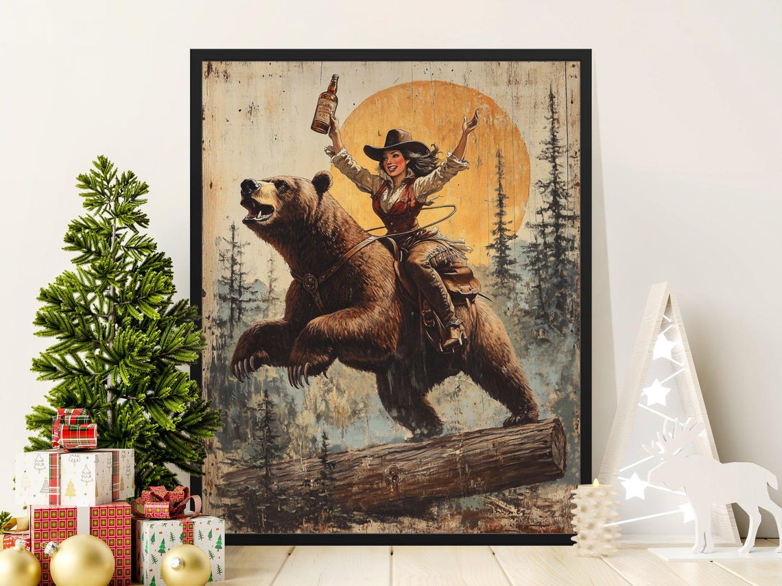Wild West Cowgirl Riding Bear Sunset Pine Forest Adventure Poster
