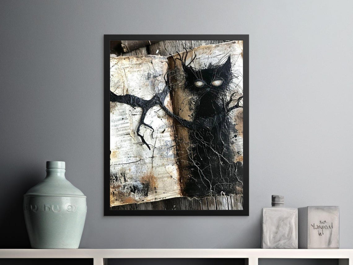 Creepy Black Cat on Aged Book Pages Gothic Mixed Media Art Print - Image 2