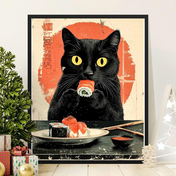 Black Cat Eating Sushi Roll Before Red Sun Retro Japanese Kitchen Art Poster