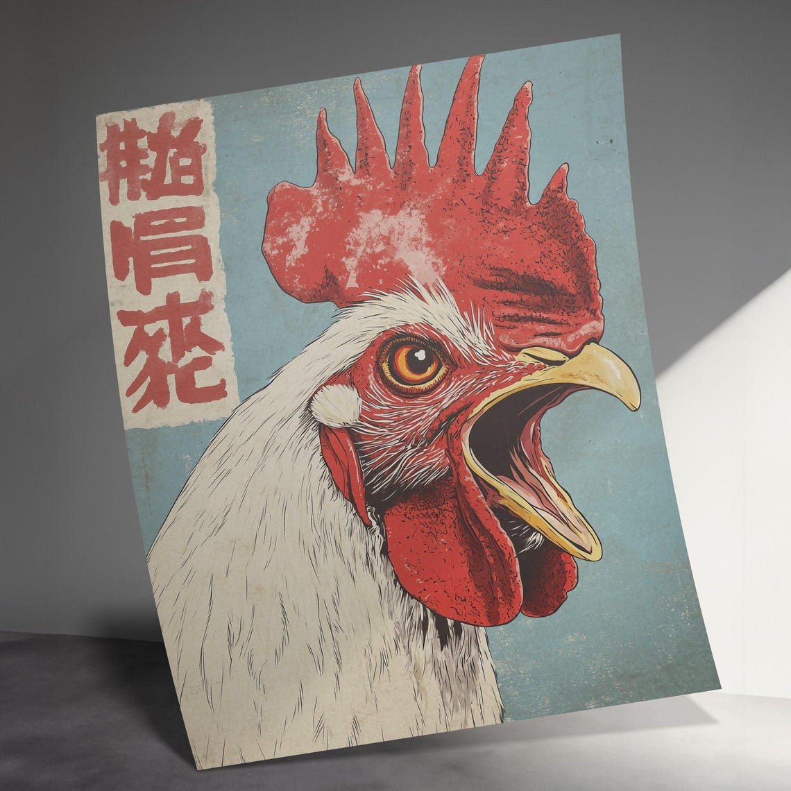 Vibrant Rooster Crowing Head Vintage Japanese Teal Wall Art Poster - Image 3