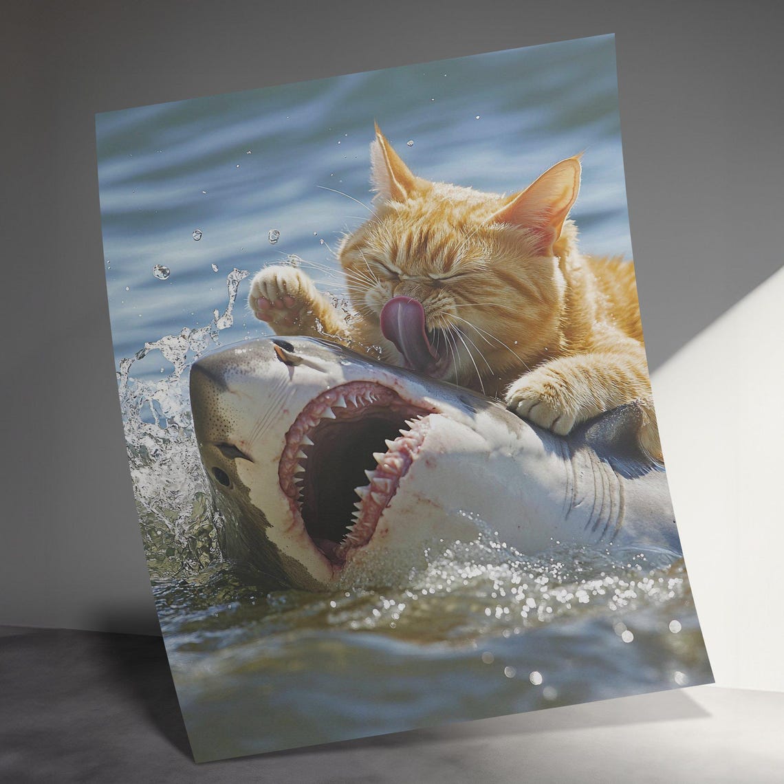 Orange Cat Surfing On Shark Open Mouth Ocean Splash Funny Art Poster - Image 3