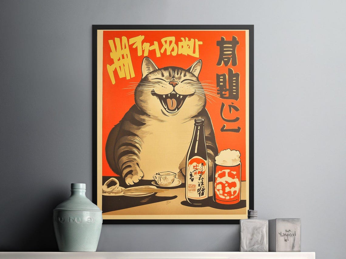Laughing Tabby Cat With Beer Bottle Vintage Japanese Bar Poster
