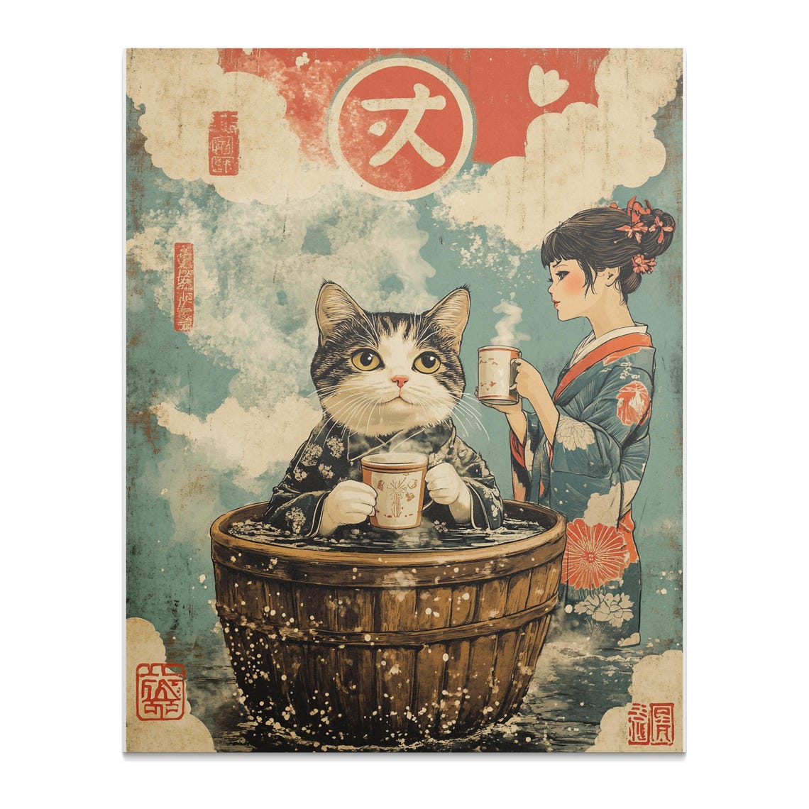 Vintage Japanese Art Poster Cat In Wooden Tub Geisha With Teacup Retro Animal Print Unique Wall Decor Asian Themed Home Art - Image 2