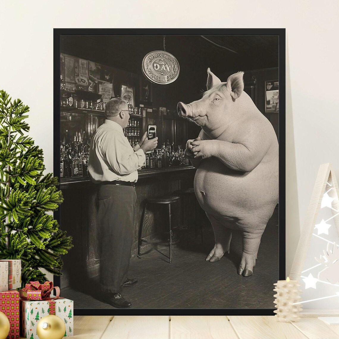 Vintage Pig At Bar Black And White Pub Scene Funny Photo Poster