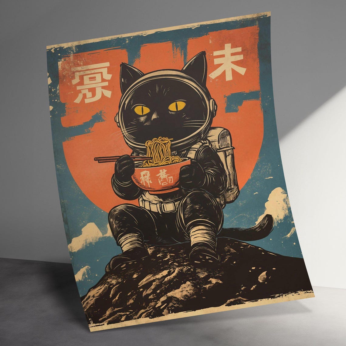 Astronaut Cat Eating Ramen On The Moon Retro Japanese Space Art Poster - Image 3
