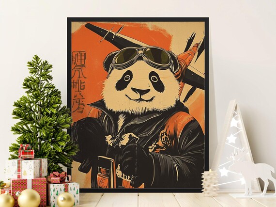Panda Pilot With Goggles Vintage Aviator Orange Background Poster