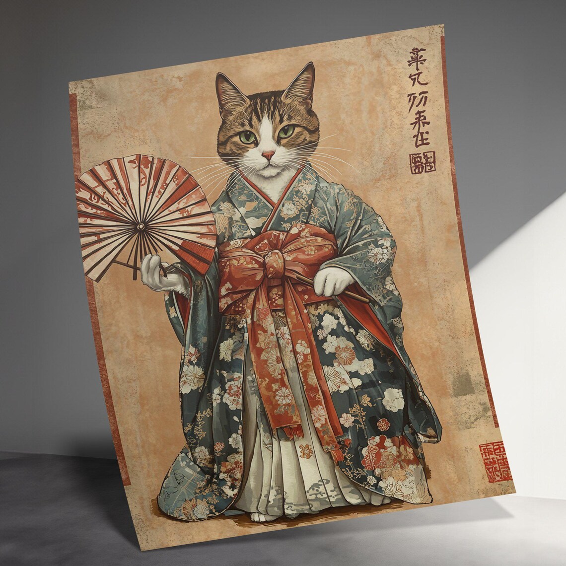 Cat In Kimono Holding Fan Vintage Japanese Portrait Art Poster - Image 3