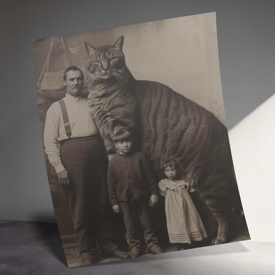 Giant Cat Vintage Family Portrait Surreal Retro Black And White Wall Art - Image 3