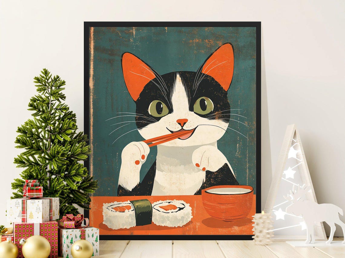 Black And White Cat Eating Sushi Chopsticks Retro Kitchen Poster