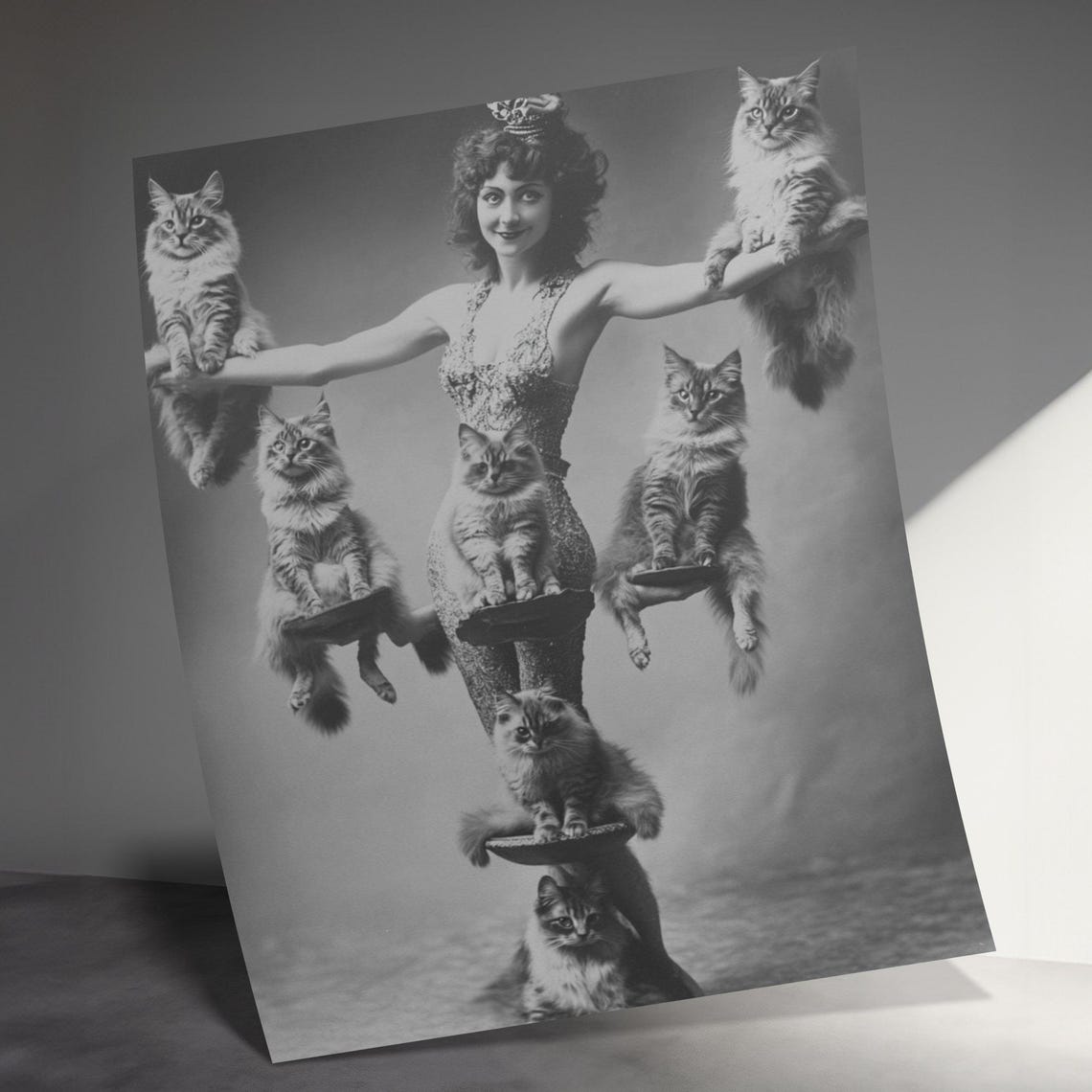 Circus Performer Balancing Seven Cats Vintage Black And White Wall Art - Image 3