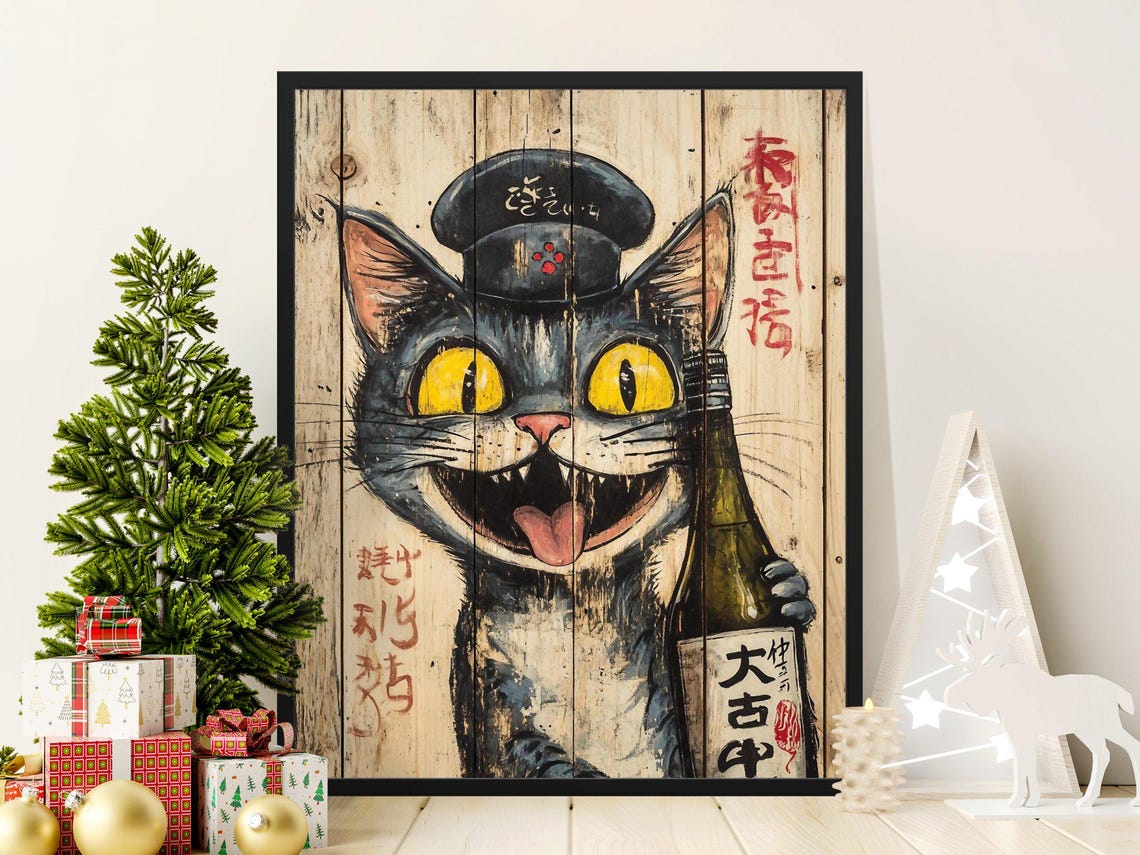 Grinning Tabby Cat Sake Bottle Funny Japanese Bar Wood Art Poster