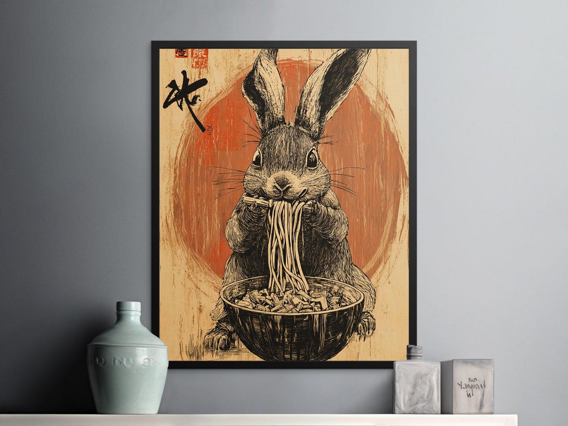 Rabbit Eating Noodles Red Sun Ink Style Japanese Animal Poster