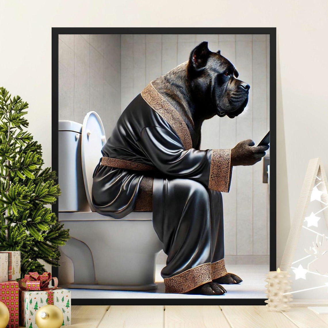 Funny Cane Corso Dog On Toilet Wearing Robe Holding Phone Poster