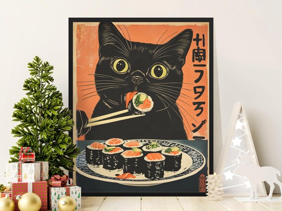 Cute Black Cat Eating Sushi Chopsticks Retro Japanese Kitchen Art Poster