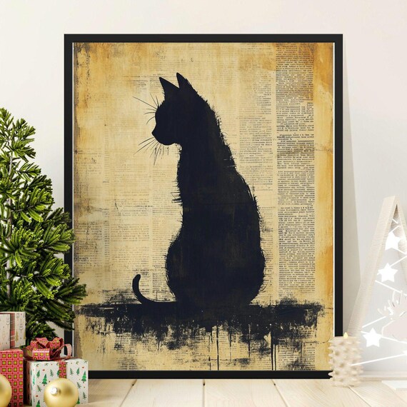 Black Cat Silhouette On Vintage Newspaper Sepia Nostalgic Literary Art Poster