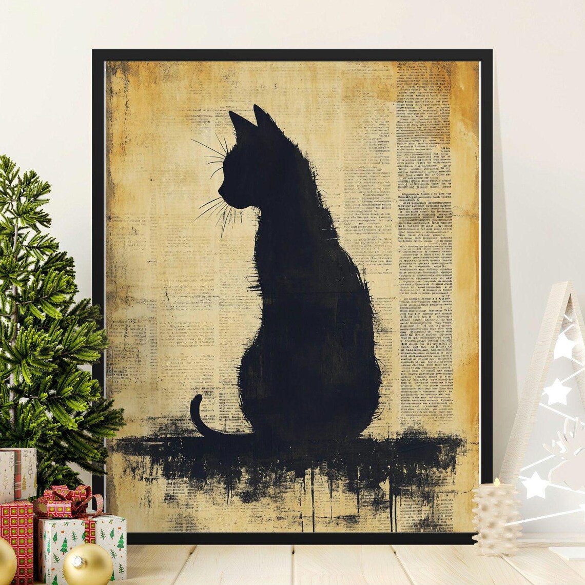 Black Cat Silhouette On Vintage Newspaper Sepia Nostalgic Literary Art Poster