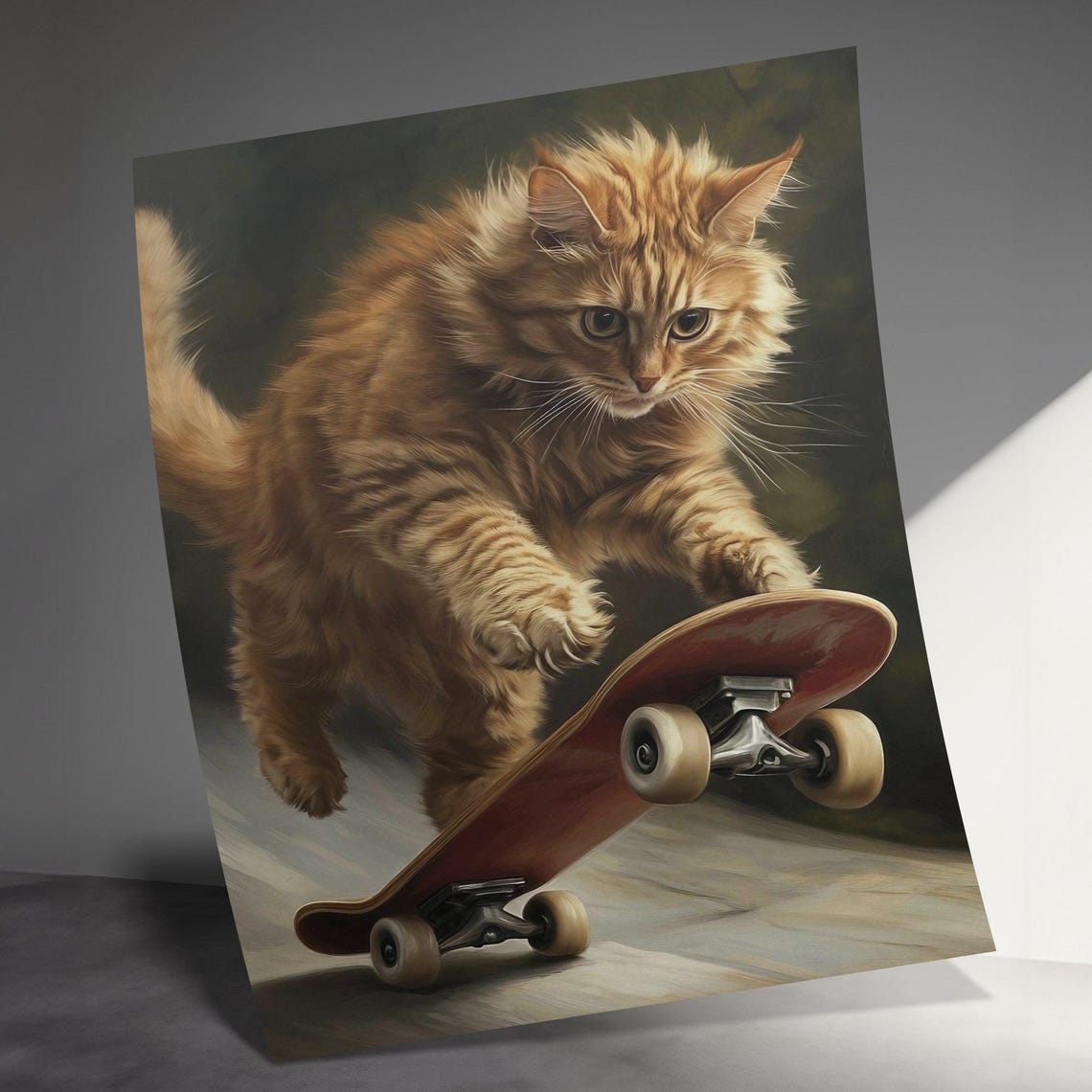 Fluffy Orange Tabby Cat Skateboarding Cool Action Trick Wall Art - Image 3
