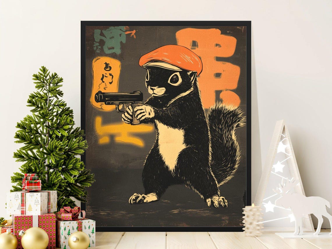 Squirrel In Red Cap Aiming Pistol Vintage Japanese Style Poster
