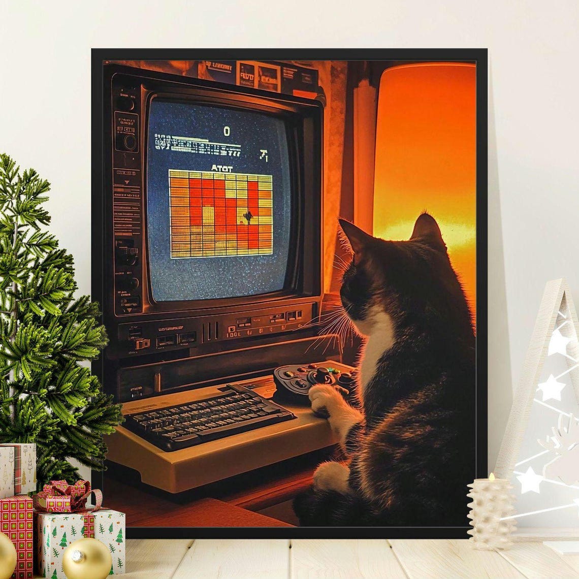 Retro Cat Playing Arcade Video Game Vintage Gamer Room Decor Poster