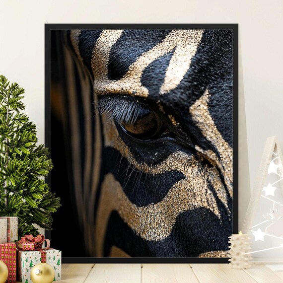 Zebra Eye Close Up With Golden Glitter Stripes Elegant Safari Wall Art