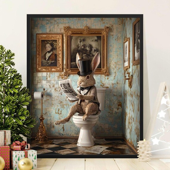 Rabbit In Top Hat Reading Newspaper On Toilet Funny Bathroom Poster