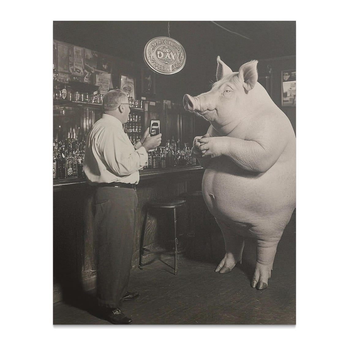 Vintage Pig At Bar Black And White Pub Scene Funny Photo Poster - Image 2