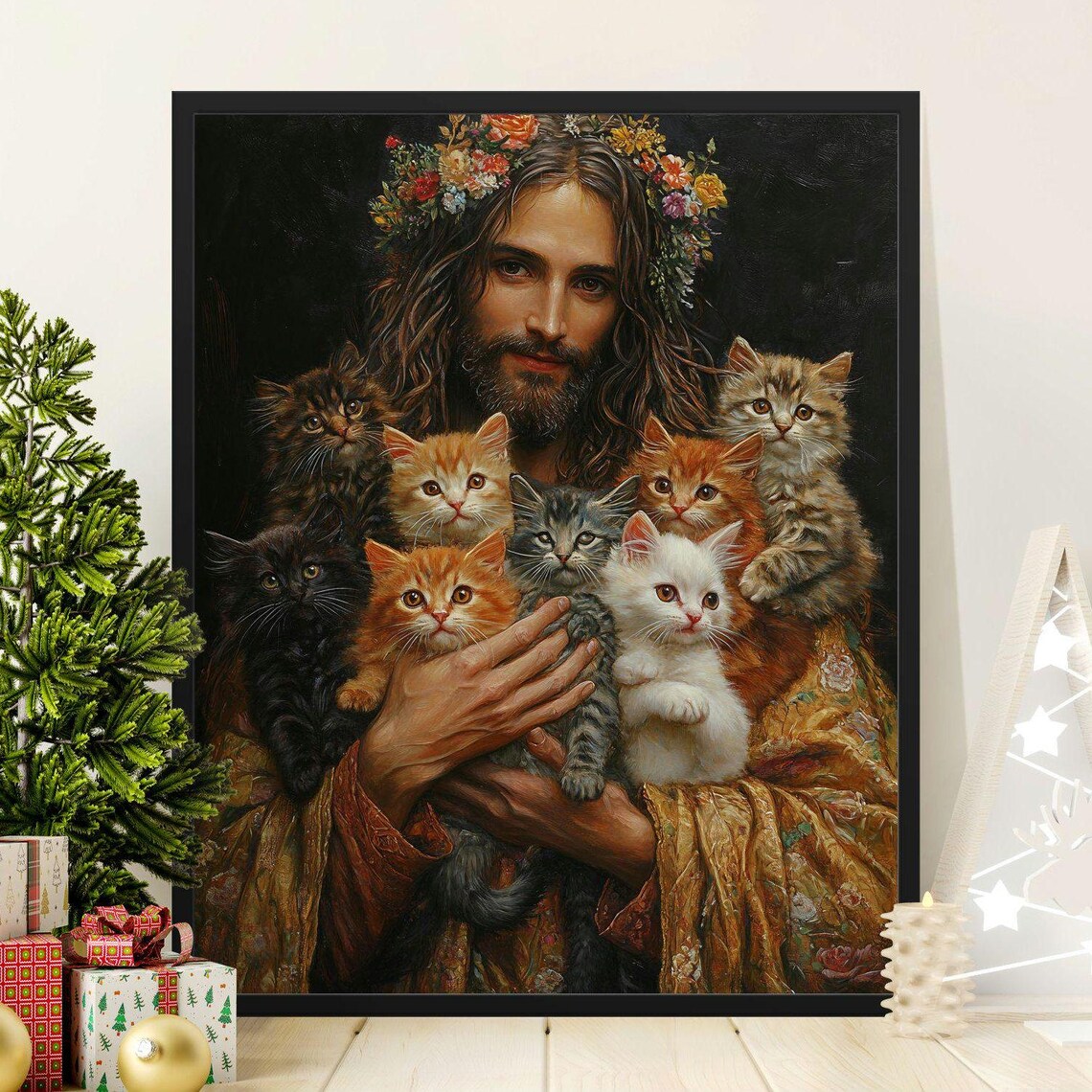 Jesus With Kittens Floral Crown Oil Painting Style Cat Lovers Poster