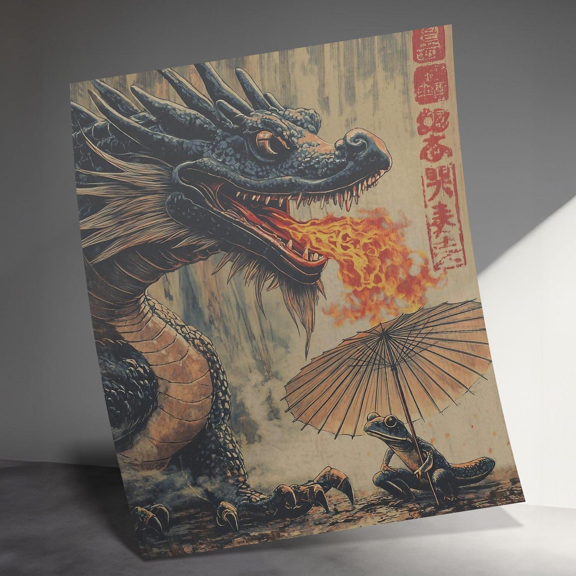 Fire Breathing Dragon Frog Umbrella Fantasy Japanese Woodblock Poster - Image 3