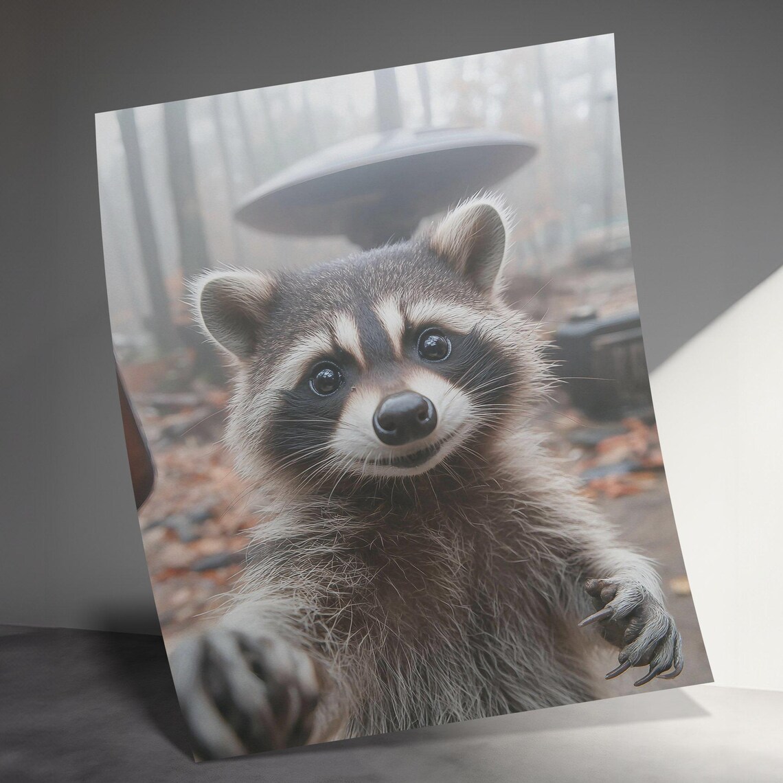 Cute Baby Raccoon Close Up Misty Forest Wildlife Photography Art Print - Image 3