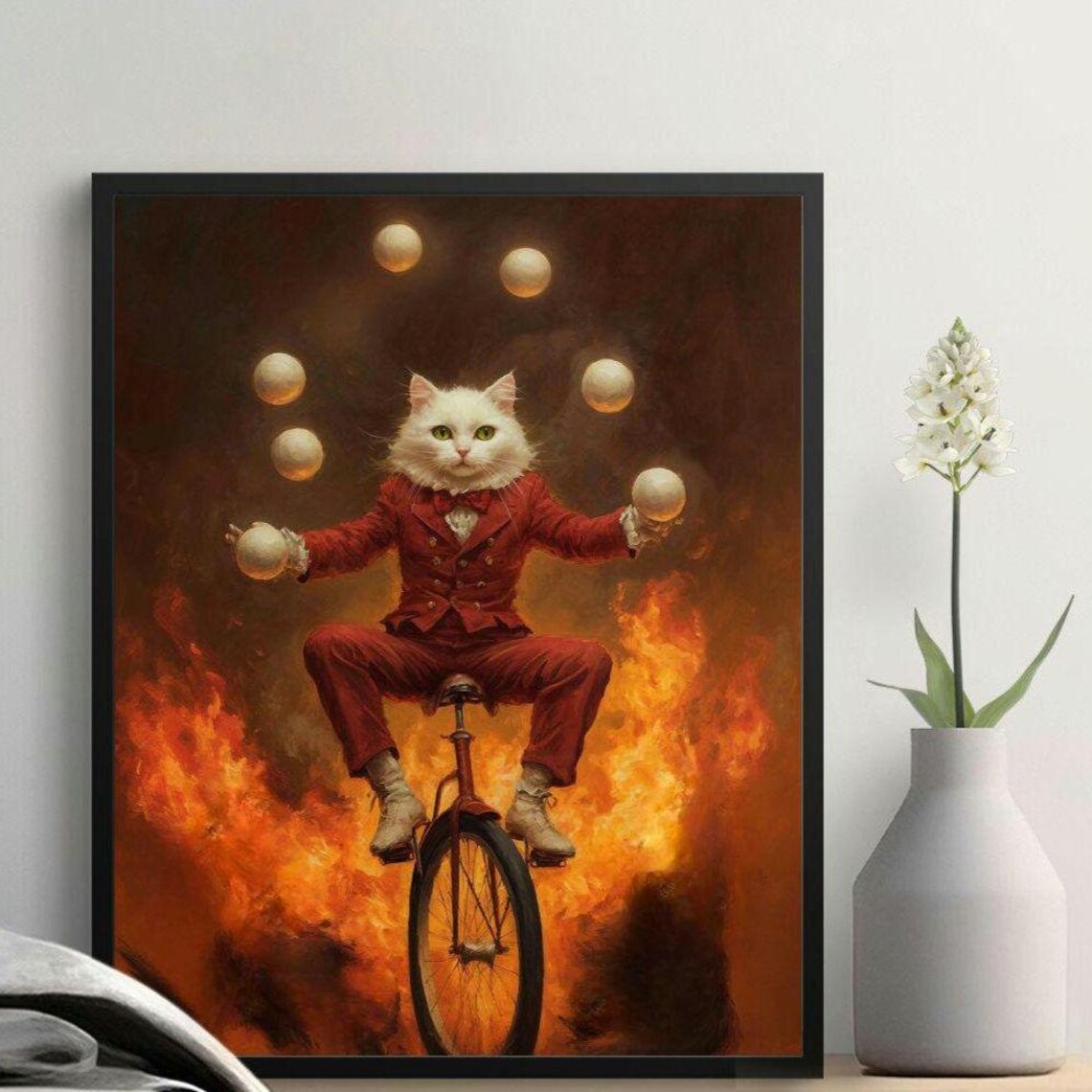 Circus Cat Juggling On Unicycle Surreal Fire Background Whimsical Poster