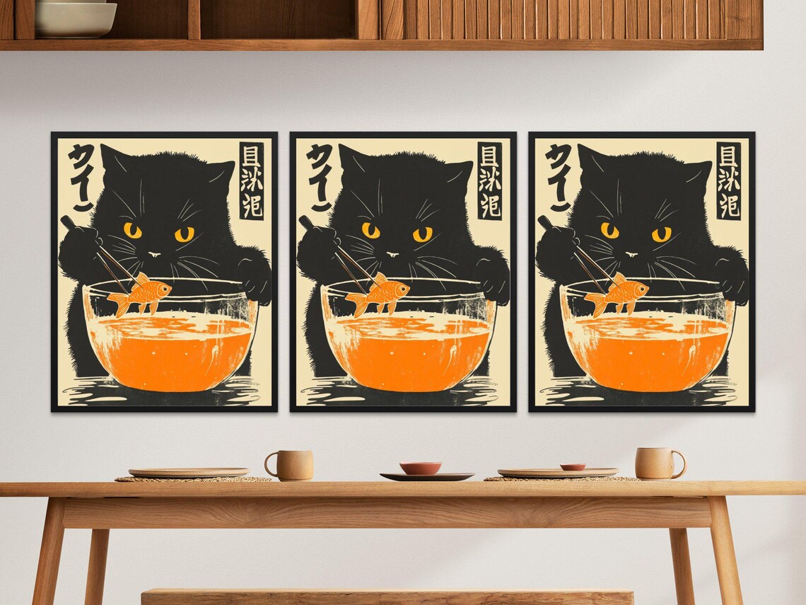 Black Cat Fishing Goldfish With Chopsticks Vintage Japanese Kitchen Poster - Image 2