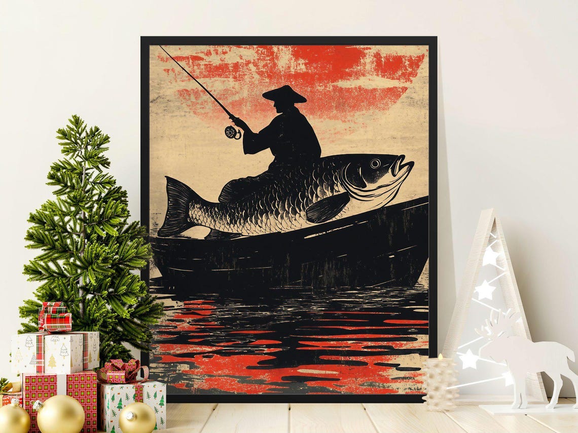 Vintage Funny Fishing Poster Fish Art Print Silhouette Fisherman Wall Decor Retro Fishing Wall Art Fishing Gift For Him Japanese Style