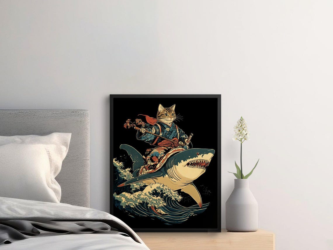 Samurai Cat Riding A Shark Great Wave Japanese Fantasy Poster - Image 2
