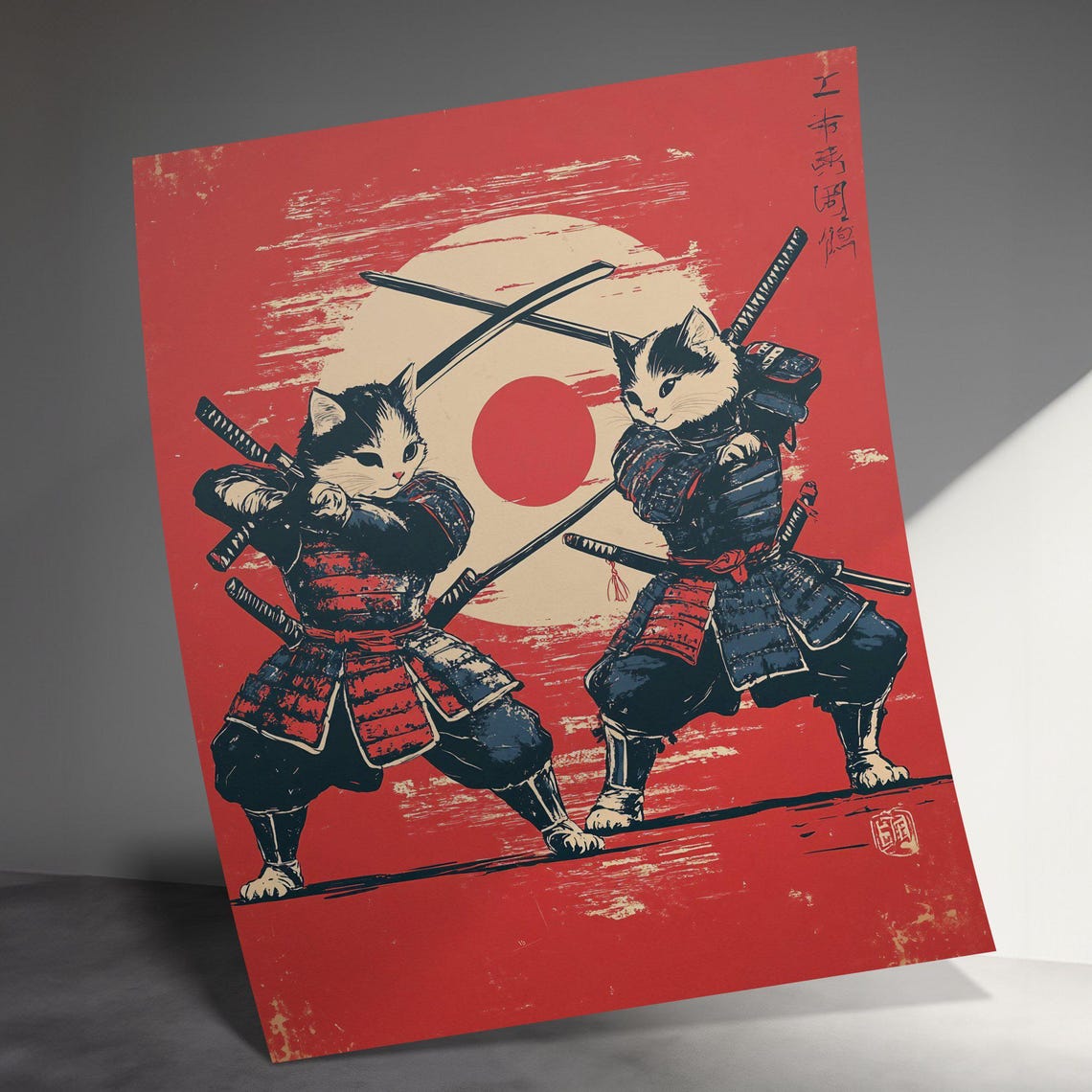 Samurai Cats Red Sun Duel Japanese Woodblock Warrior Wall Art Poster - Image 3