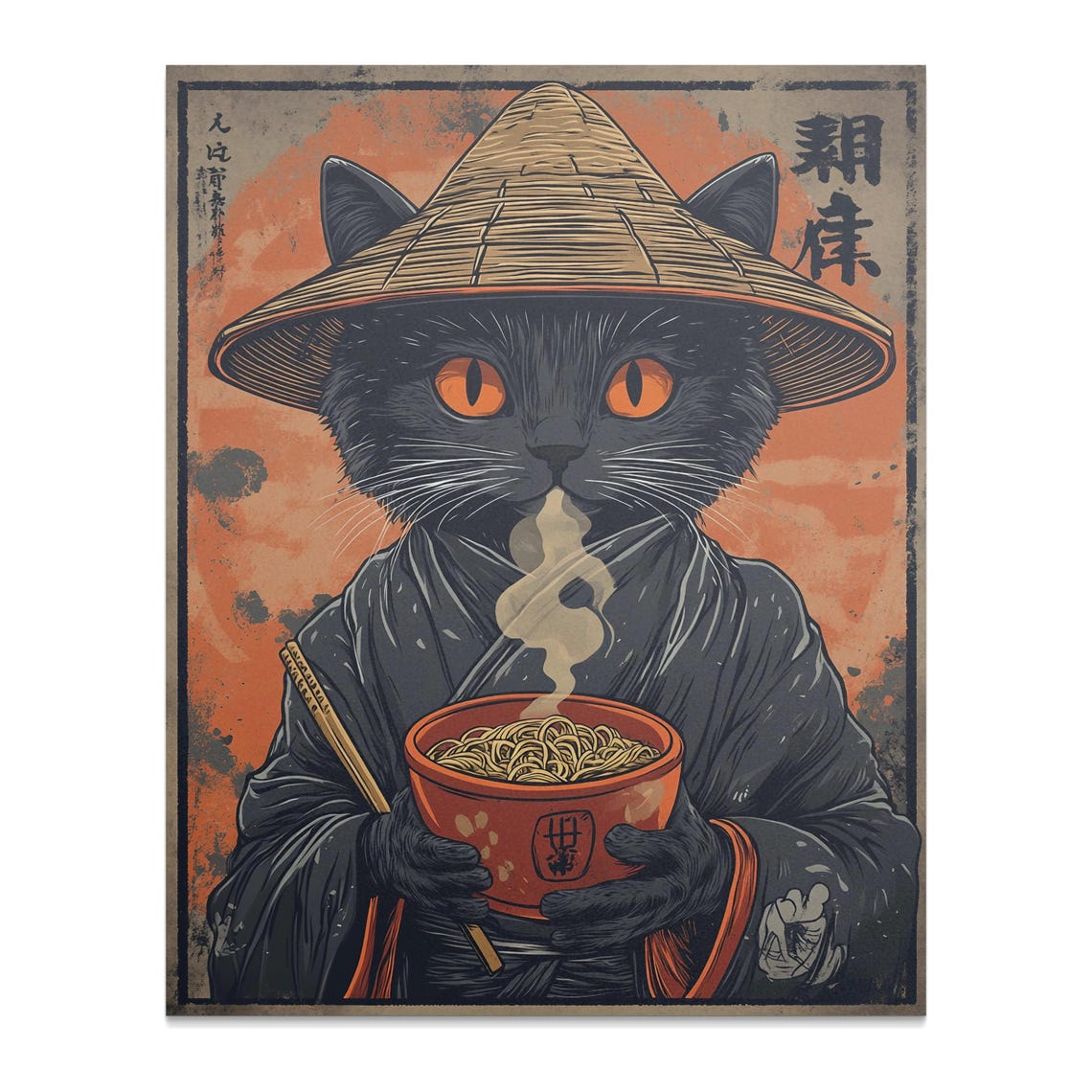 Ninja Cat Eating Ramen With Chopsticks Japanese Noodle Art Poster - Image 2