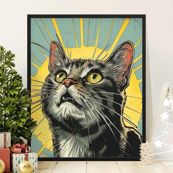 Surprised Tabby Cat Face Yellow Sunburst Pop Art Retro Style Wall Art