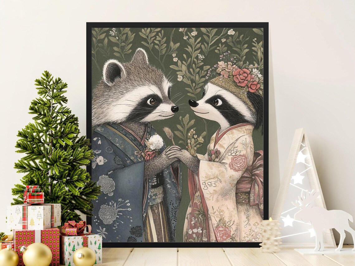 Raccoon Couple Kimono Wedding Floral Cute Animal Wall Art Poster