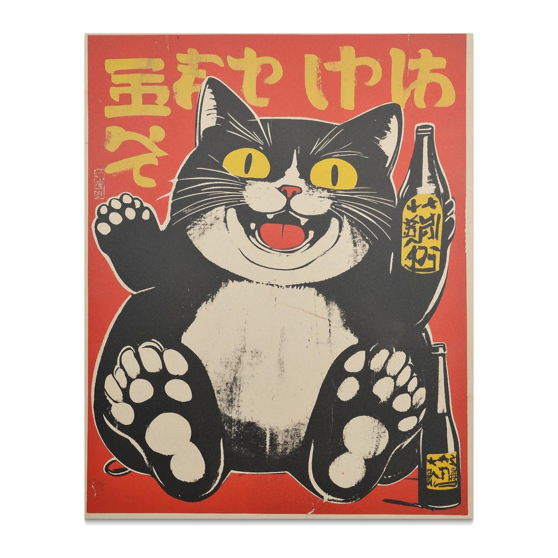 Japanese Lucky Cat Waving Paw Red Retro Sake Bottle Art Poster - Image 2