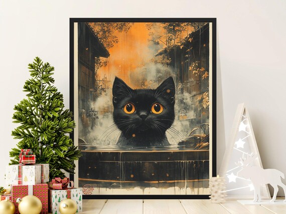 Black Cat In Hot Spring Steam Japanese Autumn Bath Animal Poster