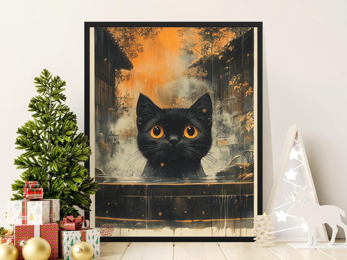 Black Cat In Hot Spring Steam Japanese Autumn Bath Animal Poster