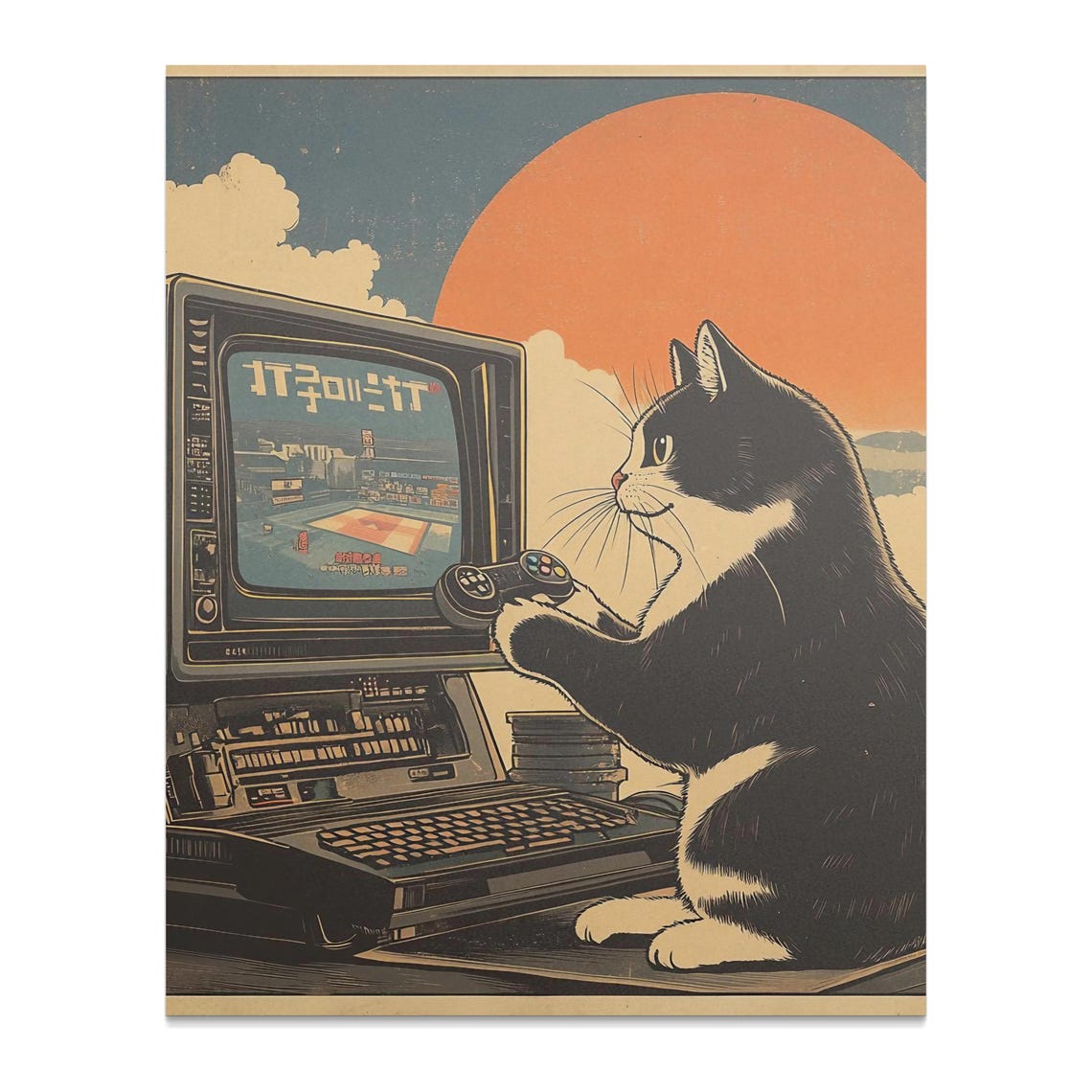 Retro Tuxedo Cat Playing Video Game Joystick Sunset Neon Gaming Poster - Image 3