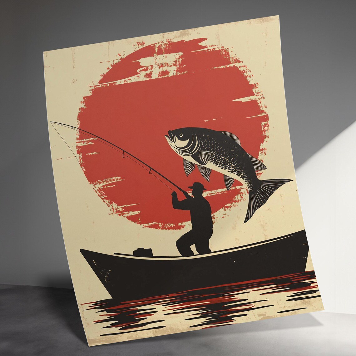 Vintage Fishing Art Print Fisherman Silhouette With Fish Poster Rustic Fishing Wall Decor Retro Nautical Home Art Fishing Gift Idea Gift - Image 3