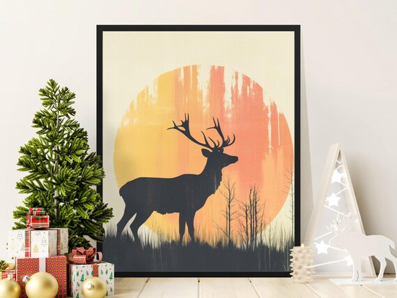 Stag Silhouette Before Giant Setting Sun Minimalist Nature Poster