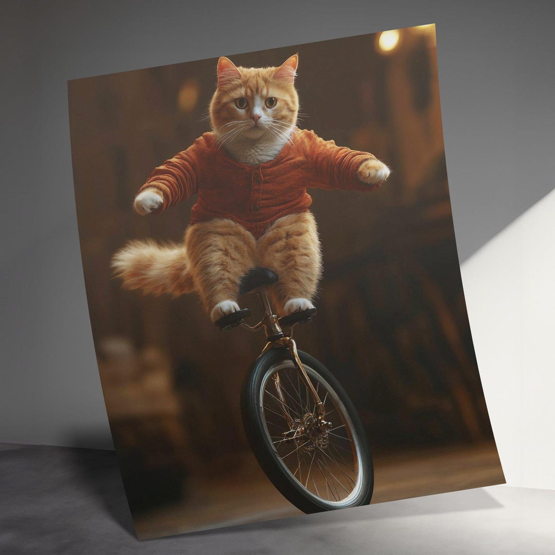 Funny Orange Cat Riding Unicycle Cozy Sweater Circus Wall Art Poster - Image 3