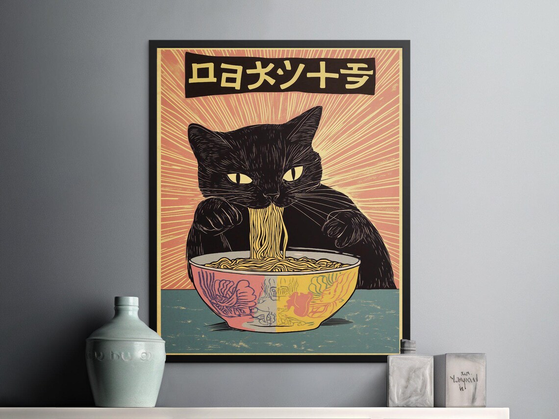 Black Cat Eating Ramen Japanese Retro Sunburst Noodle Bowl Poster